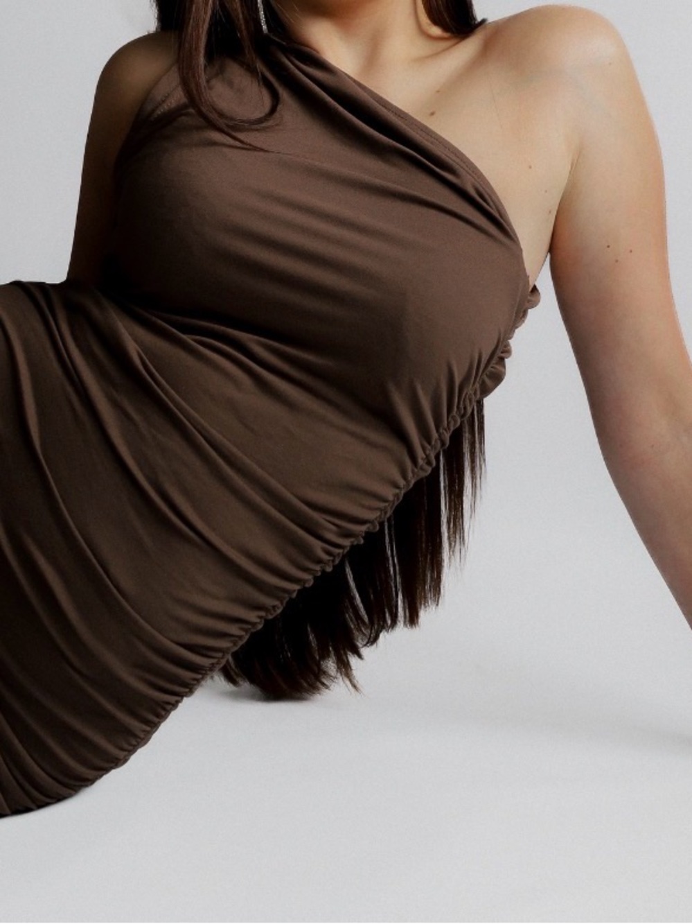 One-Shoulder Brown Ruched Dress